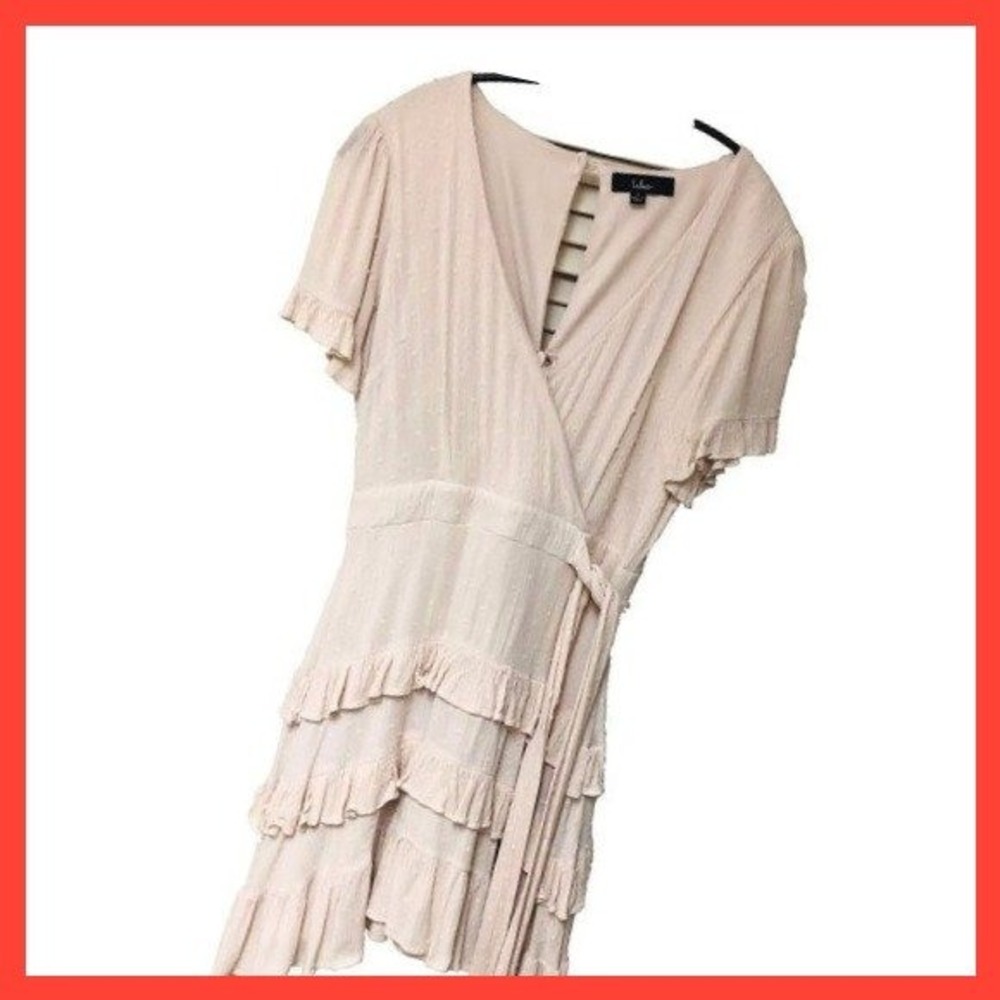 LULUS Tan‎ Crinkle Tier Dress Keyhole Nubby Coquette Ruffles Boho Fairy Womens S
